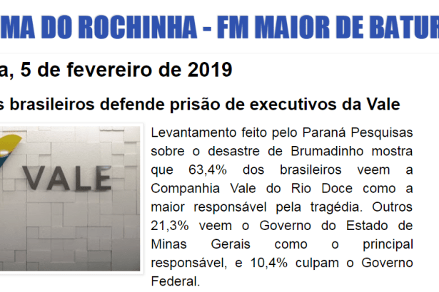Programa do Radialista Rochinha divulga pesquisa nacional sobre o desastre ocorrido na Cidade de Brumadinho/ MG