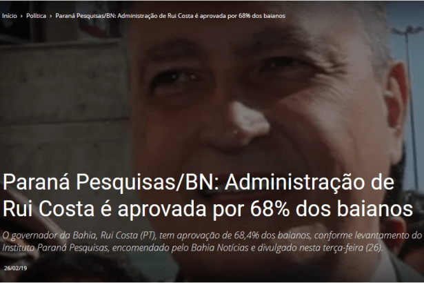 Se Liga Alagoinhas divulga pesquisa realizado no Estado da Bahia sobre a avaliação da administração do Governador Rui Costa