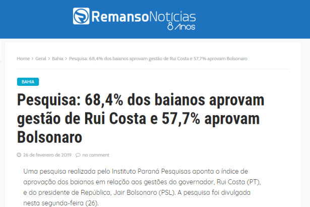 Remanso Notícias divulga pesquisa realizado no Estado da Bahia sobre a avaliação da administração do Governador Rui Costa