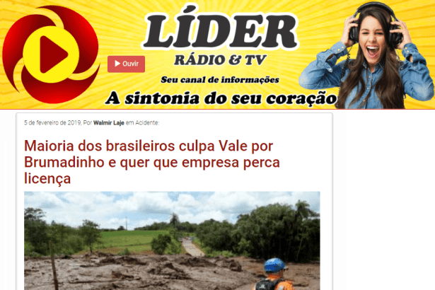 Portal Rádio Líder 87FM divulga pesquisa nacional sobre o desastre ocorrido na Cidade de Brumadinho/ MG