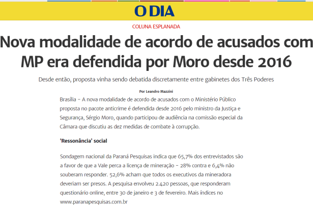 Jornal O Dia - Coluna Esplanada cita pesquisa nacional sobre o desastre ocorrido na Cidade de Brumadinho/ MG