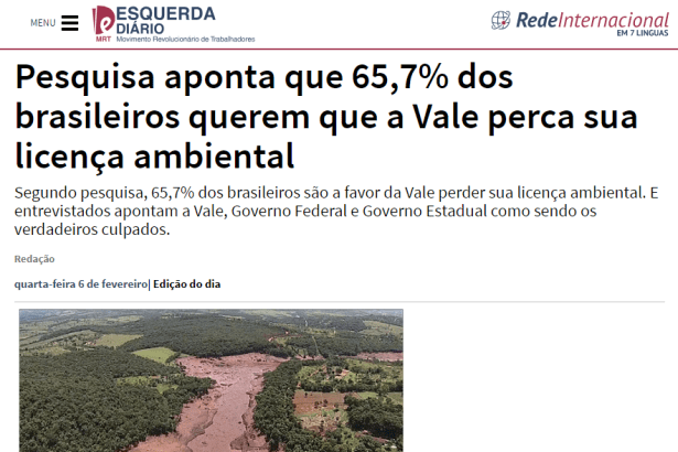 Portal Esquerda Diário divulga pesquisa nacional sobre o desastre ocorrido na Cidade de Brumadinho/ MG