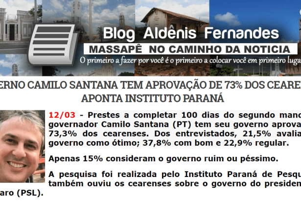 Blog Aldênis Fernandes divulga pesquisa realizado pela Paraná Pesquisas sobre a administração do Governador do Ceará, Camilo Santana
