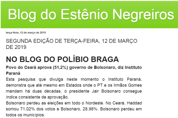 Blog Estênio Negreiros divulga pesquisa realizado no Estado do Ceará sobre a administração do Presidente Jair Bolsonaro