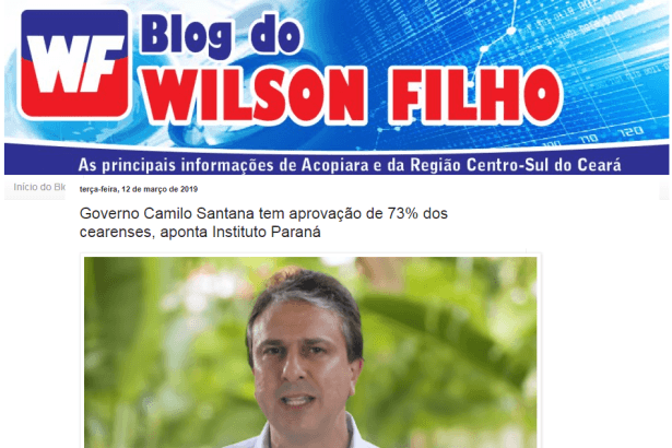 Blog do Wilson Filho divulga pesquisa realizado pela Paraná Pesquisas sobre a administração do Governador do Ceará, Camilo Santana