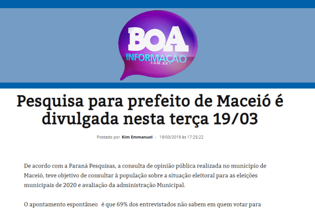 Portal Boa Informação divulga pesquisa realizado pela Paraná Pesquisas sobre a disputa pela Prefeitura de Maceió