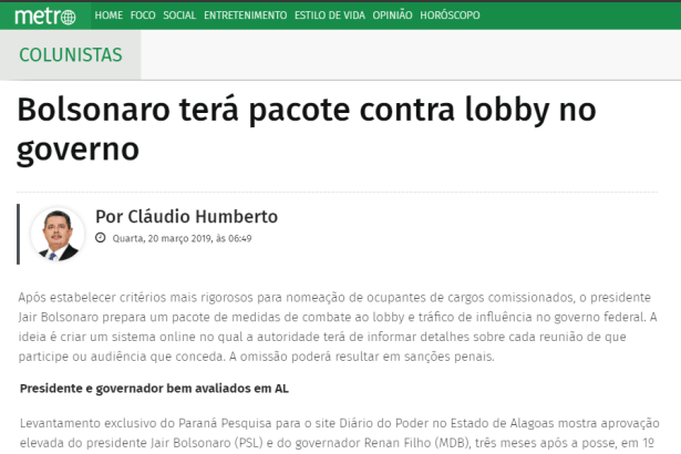Jornal Metro divulga pesquisa realizado no Estado de Alagoas sobre a administração do Presidente Jair Bolsonaro e do Governador Renan Filho