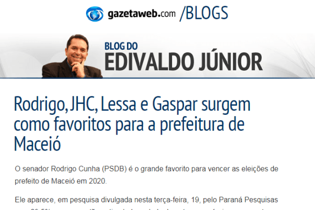 Gazetaweb.com - Blog do Edivaldo Júnior divulga pesquisa realizado pela Paraná Pesquisas sobre a disputa pela Prefeitura de Maceió
