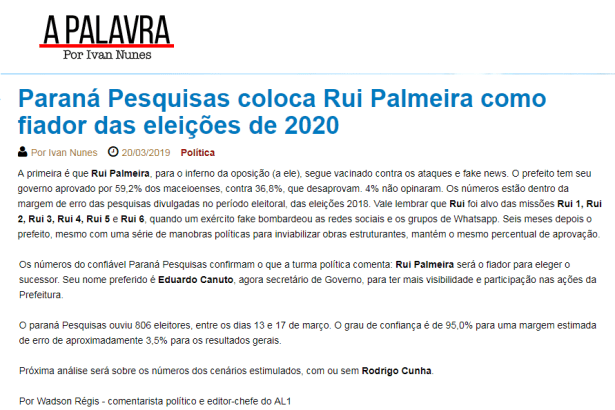 Blog A Palavra divulga pesquisa realizado pela Paraná Pesquisas sobre a disputa pela Prefeitura de Maceió