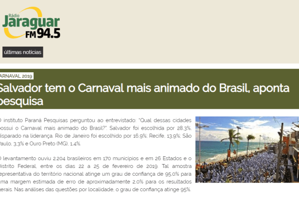 Rádio Jaraguar divulga pesquisa nacional realizado pela Paraná Pesquisas com a percepção dos Brasileiros sobre o Carnaval