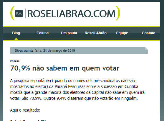 Roseli Abrão.com divulga pesquisa realizado pela Paraná Pesquisas sobre a disputa pela Prefeitura de Curitiba