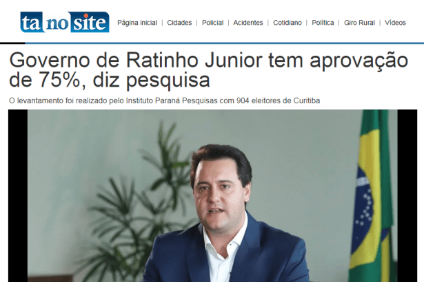 Ta No Site divulga pesquisa realizado pela Paraná Pesquisas sobre a administração do Governador do Paraná, Ratinho Junior