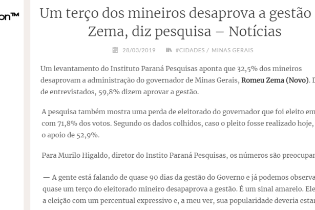 Portal Aprizion divulga pesquisa realizado pela Paraná Pesquisas sobre a administração do Governador de Minas Gerais, Romeu Zema