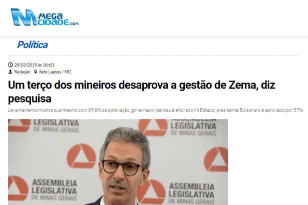 Portal Mega Cidade divulga pesquisa realizado pela Paraná Pesquisas sobre a administração do Governador de Minas Gerais, Romeu Zema