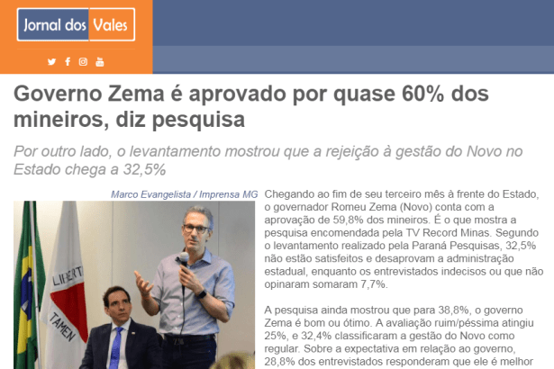 Jornal dos Vales divulga pesquisa realizado pela Paraná Pesquisas sobre a administração do Governador de Minas Gerais, Romeu Zema