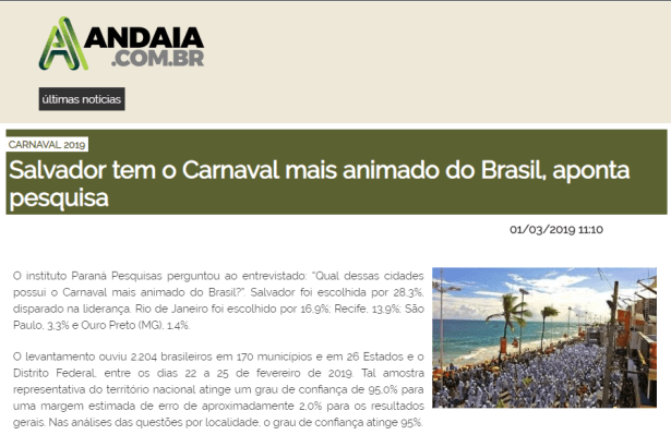 Rádio Andaia.com.br divulga pesquisa nacional realizado pela Paraná Pesquisas com a percepção dos Brasileiros sobre o Carnaval
