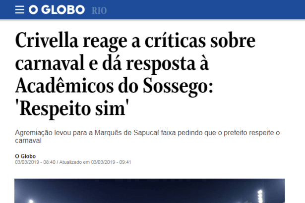 O Globo.com cita pesquisa nacional realizado pela Paraná Pesquisas com a percepção dos Brasileiros sobre o Carnaval