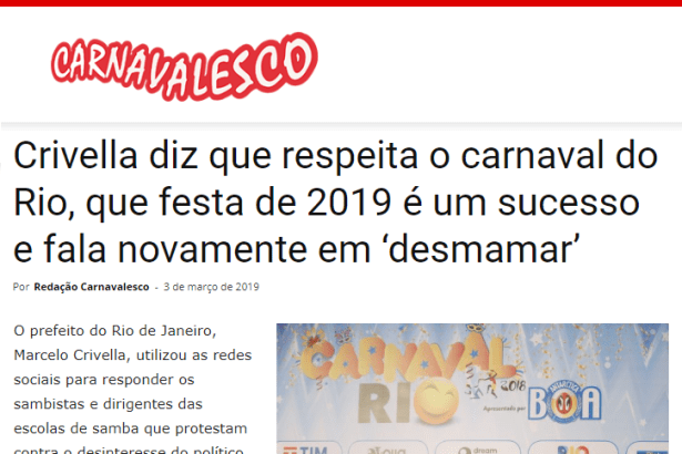 Portal Carnavalesco cita pesquisa nacional realizado pela Paraná Pesquisas com a percepção dos Brasileiros sobre o Carnaval