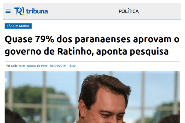 Tribuna do Paraná divulga pesquisa realizado pela Paraná Pesquisas sobre a administração do Governador do Paraná, Ratinho Junior
