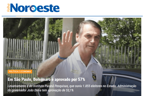 Folha Noroeste divulga pesquisa realizado no Estado de São Paulo sobre a administração do Presidente Jair Bolsonaro