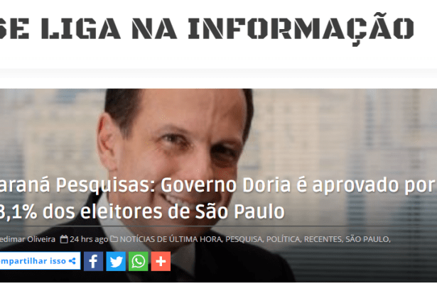 Se Liga Na Informação divulga pesquisa realizado pela Paraná Pesquisas sobre a administração do Governador de São Paulo, João Doria