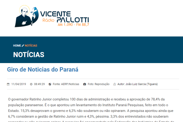 Rádio Vicente Pallotti divulga pesquisa realizado pela Paraná Pesquisas sobre a administração do Governador do Paraná, Ratinho Junior