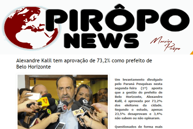 Blog Pirôpo News divulga pesquisa realizado pela Paraná Pesquisas sobre a administração do Prefeito de Belo Horizonte, Alexandre Kalil