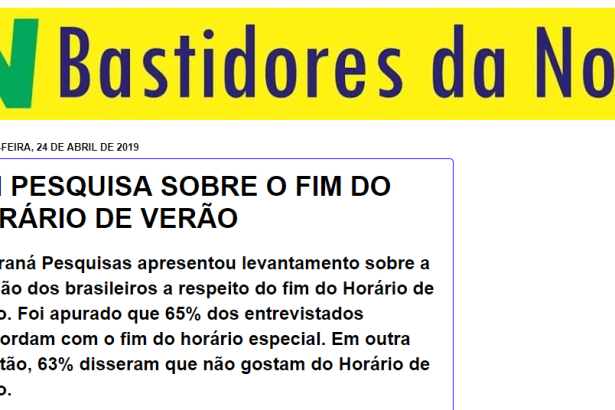 Bastidores da Notícia divulga pesquisa nacional realizado pela Paraná Pesquisas sobre o fim do horário de verão