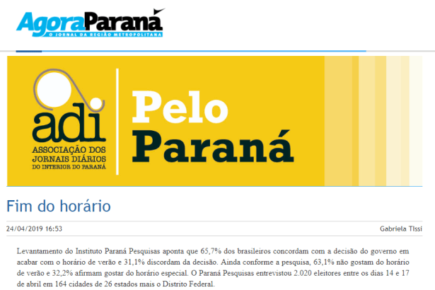 Agora Paraná divulga pesquisa nacional realizado pela Paraná Pesquisas sobre o fim do horário de verão