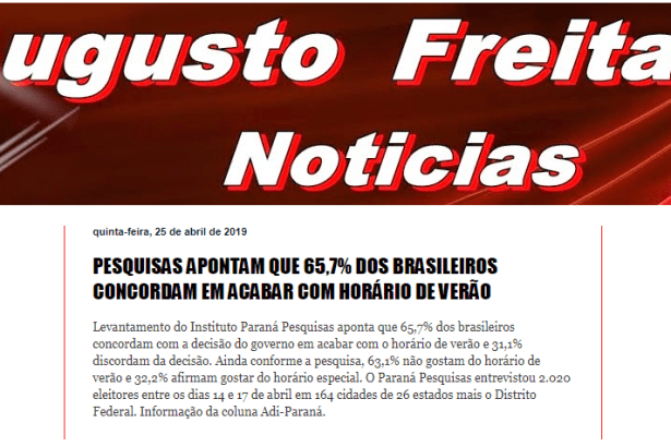 Augusto Freitas Notícias divulga pesquisa nacional realizado pela Paraná Pesquisas sobre o fim do horário de verão