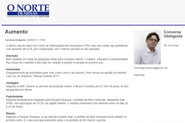 Jornal O Norte De Minas divulga pesquisa realizado pela Paraná Pesquisas sobre a administração do Prefeito de Belo Horizonte, Alexandre Kalil