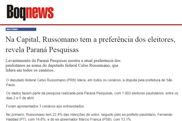 Jornal Boqnews divulga pesquisa realizado pela Paraná Pesquisas sobre a disputa pela Prefeitura de São Paulo