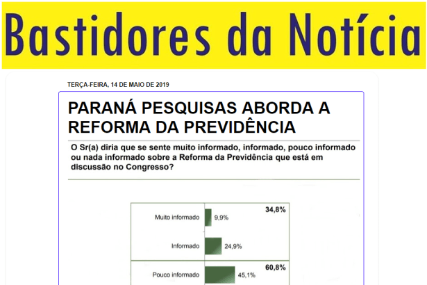 Blog Bastidores da Notícia cita pesquisa realizado pela Paraná Pesquisas