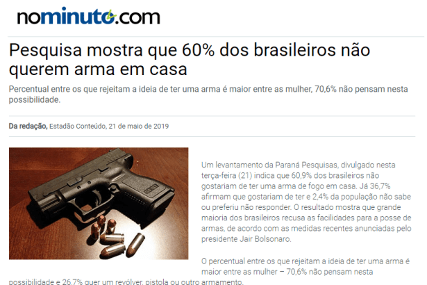 Portal NoMinuto.com divulga pesquisa nacional realizado pela Paraná Pesquisas sobre os brasileiros terem ou não uma arma de fogo em casa
