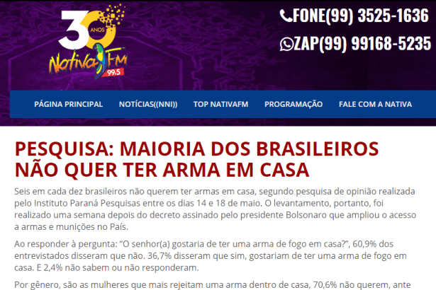 Portal Nativa FM divulga pesquisa nacional realizado pela Paraná Pesquisas sobre os brasileiros terem ou não uma arma de fogo em casa