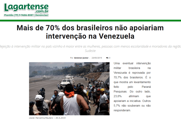 Portal Lagartense divulga pesquisa nacional realizado pela Paraná Pesquisas sobre uma intervenção militar do Brasil na Venezuela