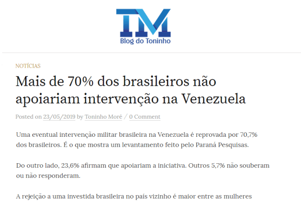 Blog do Toninho divulga pesquisa nacional realizado pela Paraná Pesquisas sobre uma intervenção militar do Brasil na Venezuela