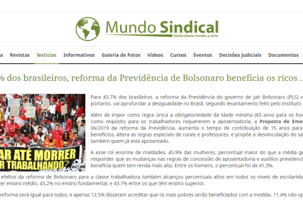 Mundo Sindical divulga pesquisa realizado pela Paraná Pesquisas sobre a Reforma da Previdência