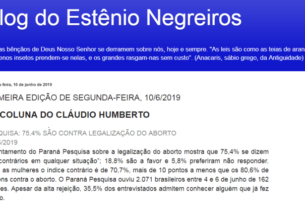Blog do Estênio Negreiros divulga pesquisa nacional realizado pela Paraná Pesquisas sobre o aborto