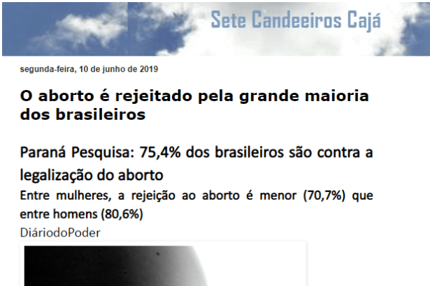 Blog Sete Candeeiros Cajá divulga pesquisa nacional realizado pela Paraná Pesquisas sobre o aborto