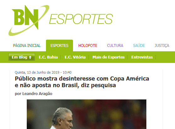 Bahia Notícias - Esportes divulga pesquisa nacional realizado pela Paraná Pesquisas sobre a Copa América no Brasil