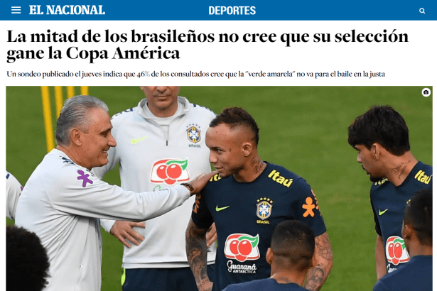 EL NACIONAL - Deportes divulga pesquisa nacional realizado pela Paraná Pesquisas sobre a Copa América no Brasil