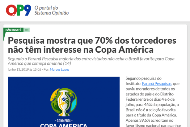 Portal OP9 - Blog do Marcos Lopes divulga pesquisa nacional realizado pela Paraná Pesquisas sobre a Copa América no Brasil