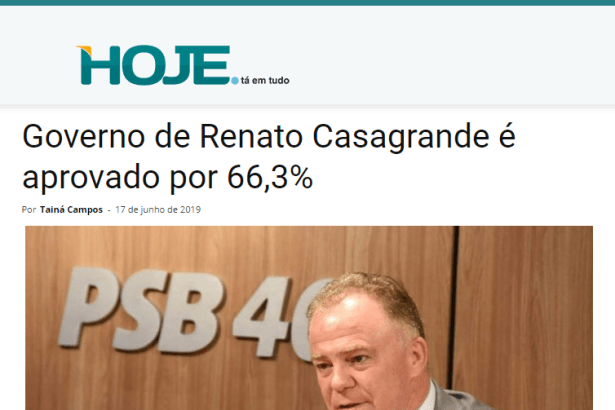 Hoje ES divulga pesquisa realizada no Município de Vitória sobre a popularidade do Governador Renato Casagrande