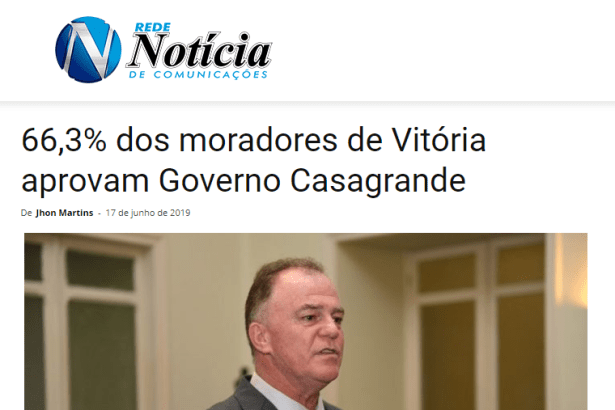 Rede Notícia divulga pesquisa realizada no Município de Vitória sobre a popularidade do Governador Renato Casagrande