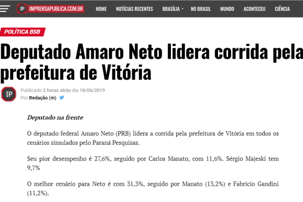 Imprensa Pública divulga pesquisa realizada no Município de Vitória sobre a situação eleitoral para as eleições municipais de 2.020
