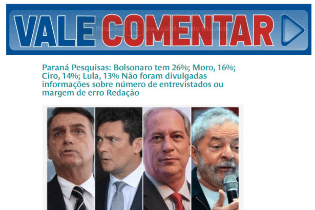 Vale Comentar divulga pesquisa realizada pela Paraná Pesquisas