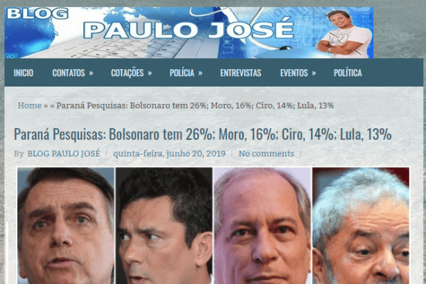 Blog Paulo José divulga pesquisa realizada pela Paraná Pesquisas