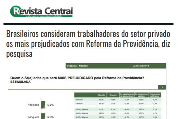 Revista Central divulga pesquisa nacional realizada pela Paraná Pesquisas sobre a Reforma da Previdência