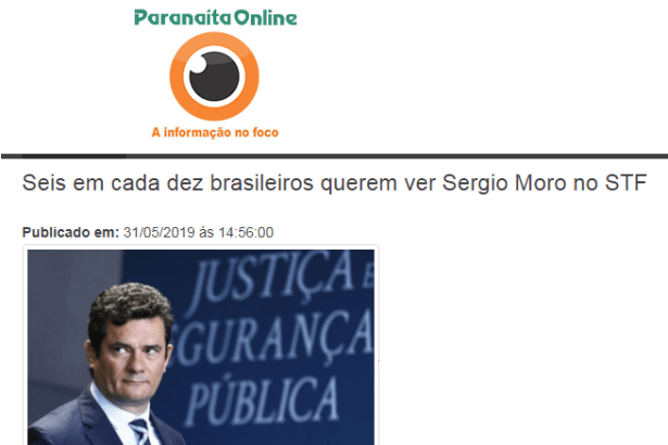 Paranaita Online divulga pesquisa nacional realizado pela Paraná Pesquisas sobre o Sr. Sérgio Moro como Ministro do Supremo Tribunal Federal